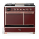 ILVE Majestic III 40-inch Dual Fuel Range with 6 Natural Gas Burner, Griddle and Solid Door Electric Oven in Burgundy with Copper Trim (UMD40FQNR3BUP)