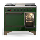 ILVE Majestic III 40-inch Dual Fuel Range with 5 Liquid Propane Burner, Griddle and Solid Door Electric Oven in Emerald Green with Burnished Trim (UMD40FQNR3EGBLP)