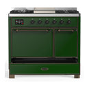 ILVE Majestic III 40-inch Dual Fuel Range with 5 Liquid Propane Burner, Griddle and Solid Door Electric Oven in Emerald Green with Burnished Trim (UMD40FQNR3EGBLP)