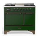 ILVE Majestic III 40-inch Dual Fuel Range with 5 Liquid Propane Burner, Griddle and Solid Door Electric Oven in Emerald Green with Burnished Trim (UMD40FQNR3EGBLP)
