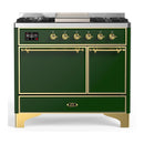 ILVE Majestic III 40-inch Dual Fuel Range with 6 Natural Gas Burner, Griddle and Solid Door Electric Oven in Emerald Green with Brass Trim (UMD40FQNR3EGG)
