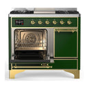 ILVE Majestic III 40-inch Dual Fuel Range with 6 Natural Gas Burner, Griddle and Solid Door Electric Oven in Emerald Green with Brass Trim (UMD40FQNR3EGG)