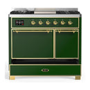 ILVE Majestic III 40-inch Dual Fuel Range with 6 Natural Gas Burner, Griddle and Solid Door Electric Oven in Emerald Green with Brass Trim (UMD40FQNR3EGG)