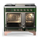 ILVE Majestic III 40-inch Dual Fuel Range with 5 Liquid Propane Burner, Griddle and Solid Door Electric Oven in Emerald Green with Copper Trim (UMD40FQNR3EGPLP)