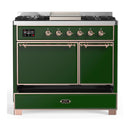 ILVE Majestic III 40-inch Dual Fuel Range with 5 Liquid Propane Burner, Griddle and Solid Door Electric Oven in Emerald Green with Copper Trim (UMD40FQNR3EGPLP)