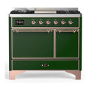 ILVE Majestic III 40-inch Dual Fuel Range with 5 Liquid Propane Burner, Griddle and Solid Door Electric Oven in Emerald Green with Copper Trim (UMD40FQNR3EGPLP)