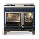 ILVE Majestic III 40-inch Dual Fuel Range with 6 Natural Gas Burner, Griddle and Solid Door Electric Oven in Midnight Blue with Burnished Trim (UMD40FQNR3MBB)