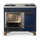 ILVE Majestic III 40-inch Dual Fuel Range with 5 Liquid Propane Burner, Griddle and Solid Door Electric Oven in Midnight Blue with Burnished Trim (UMD40FQNR3MBBLP)