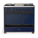 ILVE Majestic III 40-inch Dual Fuel Range with 5 Liquid Propane Burner, Griddle and Solid Door Electric Oven in Midnight Blue with Burnished Trim (UMD40FQNR3MBBLP)