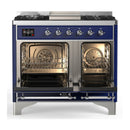 ILVE Majestic III 40-inch Dual Fuel Range with 6 Natural Gas Burner, Griddle and Solid Door Electric Oven in Midnight Blue with Chrome Trim (UMD40FQNR3MBC)