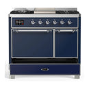 ILVE Majestic III 40-inch Dual Fuel Range with 6 Natural Gas Burner, Griddle and Solid Door Electric Oven in Midnight Blue with Chrome Trim (UMD40FQNR3MBC)