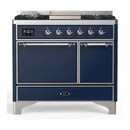 ILVE Majestic III 40-inch Dual Fuel Range with 5 Liquid Propane Burner, Griddle and Solid Door Electric Oven in Midnight Blue with Chrome Trim (UMD40FQNR3MBCLP)