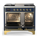 ILVE Majestic III 40-inch Dual Fuel Range with 6 Natural Gas Burner, Griddle and Solid Door Electric Oven in Blue Grey with Brass Trim (UMD40FQNR3MBG)