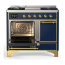 ILVE Majestic III 40-inch Dual Fuel Range with 5 Liquid Propane Burner, Griddle and Solid Door Electric Oven in Blue Grey with Brass Trim (UMD40FQNR3MBGLP)