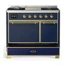 ILVE Majestic III 40-inch Dual Fuel Range with 5 Liquid Propane Burner, Griddle and Solid Door Electric Oven in Blue Grey with Brass Trim (UMD40FQNR3MBGLP)