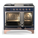 ILVE Majestic III 40-inch Dual Fuel Range with 5 Liquid Propane Burner, Griddle and Solid Door Electric Oven in Midnight Blue with Copper Trim (UMD40FQNR3MBPLP)