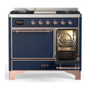 ILVE Majestic III 40-inch Dual Fuel Range with 5 Liquid Propane Burner, Griddle and Solid Door Electric Oven in Midnight Blue with Copper Trim (UMD40FQNR3MBPLP)