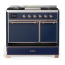 ILVE Majestic III 40-inch Dual Fuel Range with 6 Natural Gas Burner, Griddle and Solid Door Electric Oven in Midnight Blue with Copper Trim (UMD40FQNR3MBP)