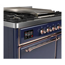 ILVE Majestic III 40-inch Dual Fuel Range with 6 Natural Gas Burner, Griddle and Solid Door Electric Oven in Midnight Blue with Copper Trim (UMD40FQNR3MBP)