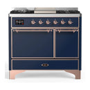 ILVE Majestic III 40-inch Dual Fuel Range with 5 Liquid Propane Burner, Griddle and Solid Door Electric Oven in Midnight Blue with Copper Trim (UMD40FQNR3MBPLP)