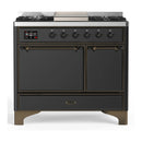 ILVE Majestic III 40-inch Dual Fuel Range with 6 Natural Gas Burner, Griddle and Solid Door Electric Oven in Graphite Matte with Burnished Trim (UMD40FQNR3MGB)