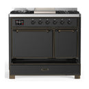 ILVE Majestic III 40-inch Dual Fuel Range with 6 Natural Gas Burner, Griddle and Solid Door Electric Oven in Graphite Matte with Burnished Trim (UMD40FQNR3MGB)