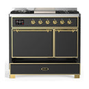 ILVE Majestic III 40-inch Dual Fuel Range with 6 Natural Gas Burner, Griddle and Solid Door Electric Oven in Graphite Matte with Brass Trim (UMD40FQNR3MGG)
