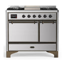 ILVE Majestic III 40-inch Dual Fuel Range with 6 Natural Gas Burner, Griddle and Solid Door Electric Oven in Stainless Steel with Burnished Trim (UMD40FQNR3SSB)