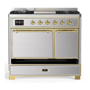 ILVE Majestic III 40-inch Dual Fuel Range with 5 Liquid Propane Burner, Griddle and Solid Door Electric Oven in Stainless Steel with Brass Trim (UMD40FQNR3SSGLP)