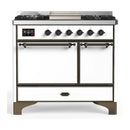 ILVE Majestic III 40-inch Dual Fuel Range with 6 Natural Gas Burner, Griddle and Solid Door Electric Oven in White with Burnished Trim (UMD40FQNR3WHB)