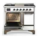 ILVE Majestic III 40-inch Dual Fuel Range with 6 Natural Gas Burner, Griddle and Solid Door Electric Oven in White with Burnished Trim (UMD40FQNR3WHB)