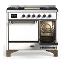 ILVE Majestic III 40-inch Dual Fuel Range with 6 Natural Gas Burner, Griddle and Solid Door Electric Oven in White with Burnished Trim (UMD40FQNR3WHB)