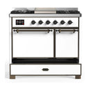 ILVE Majestic III 40-inch Dual Fuel Range with 6 Natural Gas Burner, Griddle and Solid Door Electric Oven in White with Burnished Trim (UMD40FQNR3WHB)