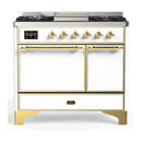 ILVE Majestic III 40-inch Dual Fuel Range with 6 Natural Gas Burner, Griddle and Solid Door Electric Oven in White with Brass Trim (UMD40FQNR3WHG)
