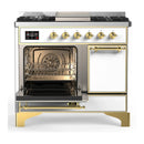 ILVE Majestic III 40-inch Dual Fuel Range with 6 Natural Gas Burner, Griddle and Solid Door Electric Oven in White with Brass Trim (UMD40FQNR3WHG)