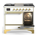 ILVE Majestic III 40-inch Dual Fuel Range with 5 Liquid Propane Burner, Griddle and Solid Door Electric Oven in White with Brass Trim (UMD40FQNR3WHGLP)