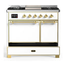 ILVE Majestic III 40-inch Dual Fuel Range with 6 Natural Gas Burner, Griddle and Solid Door Electric Oven in White with Brass Trim (UMD40FQNR3WHG)