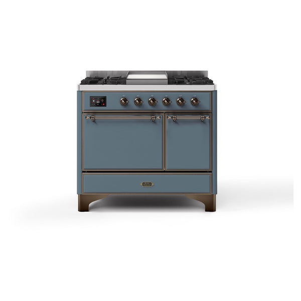 ILVE 40-Inch Majestic II Series Freestanding Electric Double Solid Door Oven Range with 6 Elements in Blue Grey with Bronze Trim (UMDI10QNS3BGB)