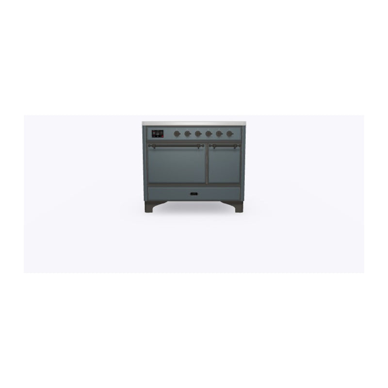 ILVE 40-Inch Majestic II Series Freestanding Electric Double Solid Door Oven Range with 6 Elements in Blue Grey with Bronze Trim (UMDI10QNS3BGB)