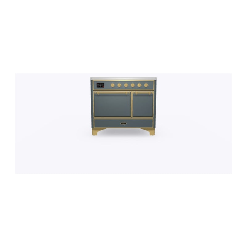 ILVE 40-Inch Majestic II Series Freestanding Electric Double Solid Door Oven Range with 6 Elements in Blue Grey with Brass Trim (UMDI10QNS3BGG)