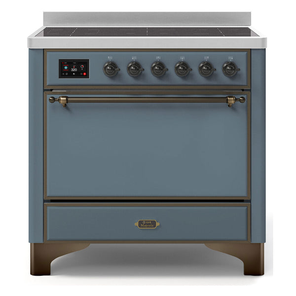 ILVE 36-Inch Majestic II Series Freestanding Electric Single Solid Door Oven Range with 5 Elements in Blue Grey with Bronze Trim (UMI09QNS3BGB)