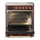 ILVE Majestic III 30-Inch Induction Range with 4 Induction Elements and Triple Glass Door Electric Oven in Burgundy with Brass Trim (UMIB30NR3BUG)