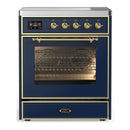 ILVE Majestic III 30-Inch Induction Range with 4 Induction Elements and Triple Glass Door Electric Oven in Mightnight Blue with Brass Trim (UMIB30NR3MBG)