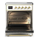 ILVE Majestic III 30-Inch Induction Range with 4 Induction Elements and Solid Door Electric Oven in White with Brass Trim (UMIB30QNR3WHG)