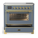 ILVE Majestic III 36-Inch Induction Range with 6 Induction Elements and Triple Glass Door Electric Oven in Blue Grey with Brass Trim (UMIB36NR3BGG)