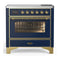 ILVE Majestic III 36-Inch Induction Range with 6 Induction Elements and Triple Glass Door Electric Oven in Mightnight Blue with Brass Trim (UMIB36NR3MBG)