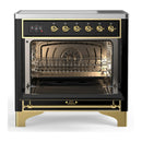 ILVE Majestic III 36-Inch Induction Range with 6 Induction Elements and Solid Door Electric Oven in Glossy Black with Brass Trim (UMIB36QNR3BKG)