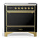 ILVE Majestic III 36-Inch Induction Range with 6 Induction Elements and Solid Door Electric Oven in Glossy Black with Brass Trim (UMIB36QNR3BKG)