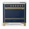 ILVE Majestic III 36-Inch Induction Range with 6 Induction Elements and Solid Door Electric Oven in Mightnight Blue with Brass Trim (UMIB36QNR3MBG)