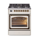 Antique white range with open oven door, racks inside, and bronze control knobs.
